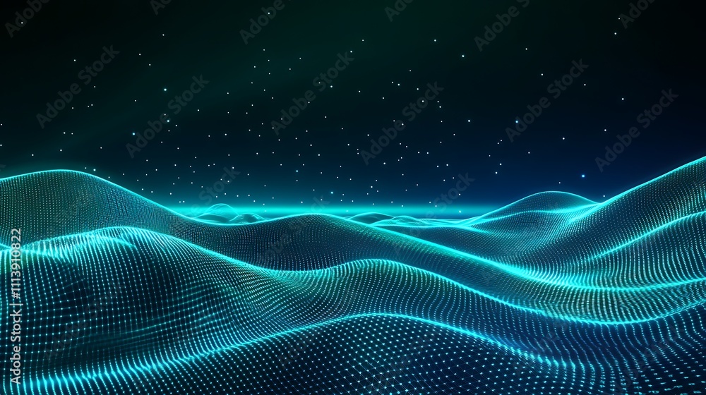 Poster abstract neon waves with dots in a dark background creating a futuristic landscape visualization