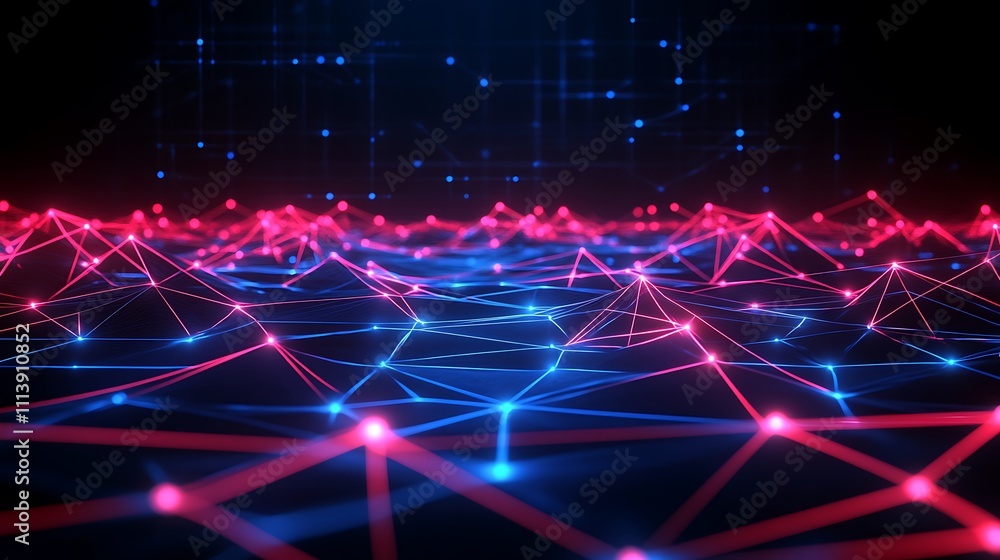 Poster abstract network connection background with glowing red and blue lines over dark surface in 3d desig