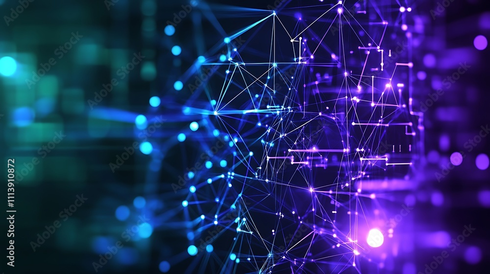 Aufkleber abstract network connection in purple and blue with geometric shapes and dynamic light effects