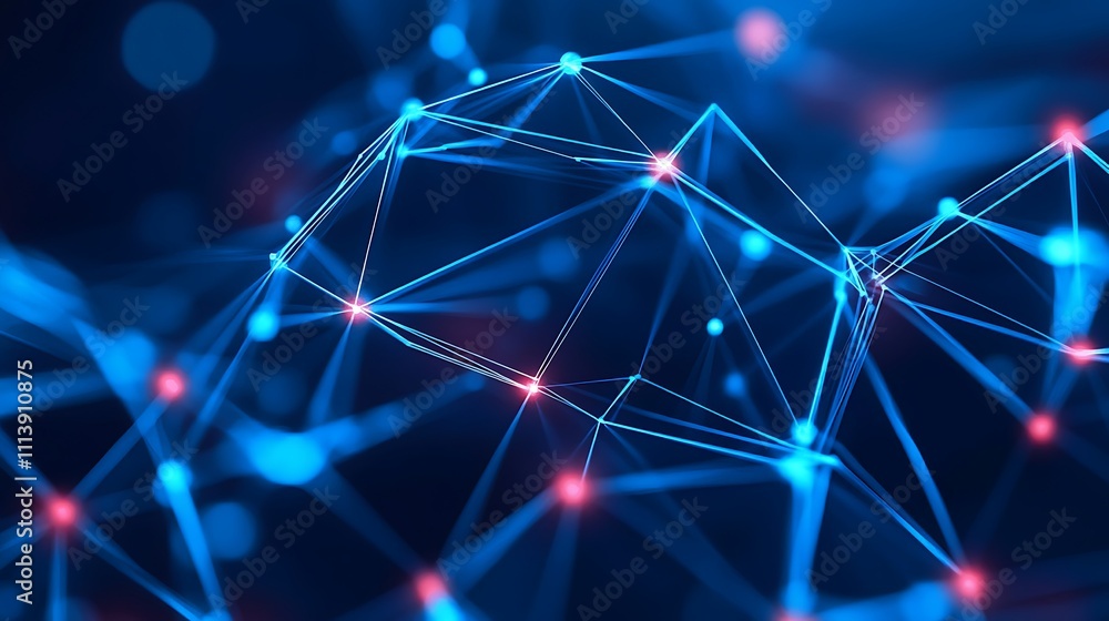 Poster abstract network connection with glowing blue lines and bright red nodes on dark background for tech