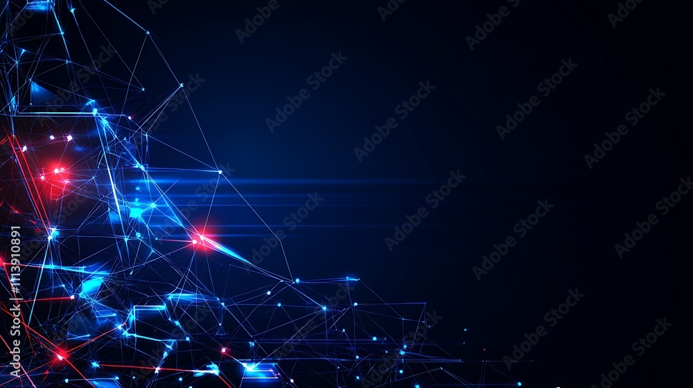 Poster abstract network connection with vibrant blue and red lights on dark background for technology and d