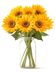 A vibrant bouquet of sunflowers in a clear glass jar.