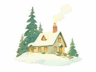Snowy cottage with glowing windows, chimney smoke, and pine trees, watercolor illustration, ideal for Christmas cards, holiday designs, or seasonal prints