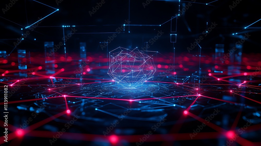 Poster abstract network visualization with geometric shapes and neon colors in digital space