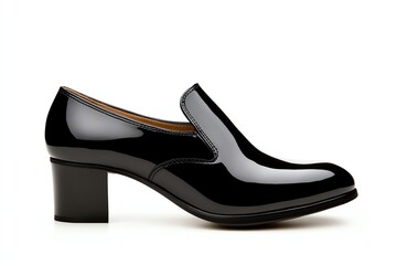 Elegant black patent leather shoe with a stylish high heel.