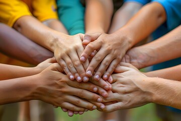 Unity and Teamwork: Close-Up of Diverse Hands Stacked Together in Solidarity