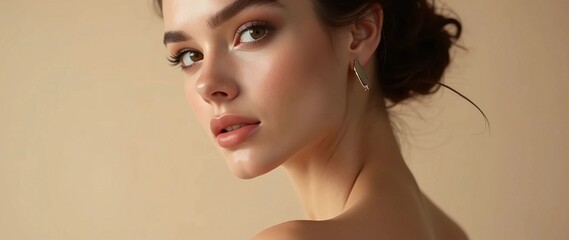 Obraz premium a beautiful young woman shows her face after undergoing facial treatment on a beige studio background. copy space. beauty care concept