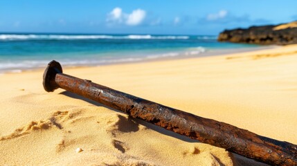 Ancient harpoon resting on sandy beach, partially buried with weathered wooden handle and rusted metal tip, evoking historical maritime heritage and archaeological significance