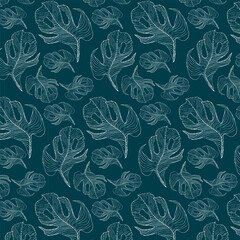 Tropical Monstera Leaf Pattern in White on Dark Blue-Grey – Minimalist Vector Art
