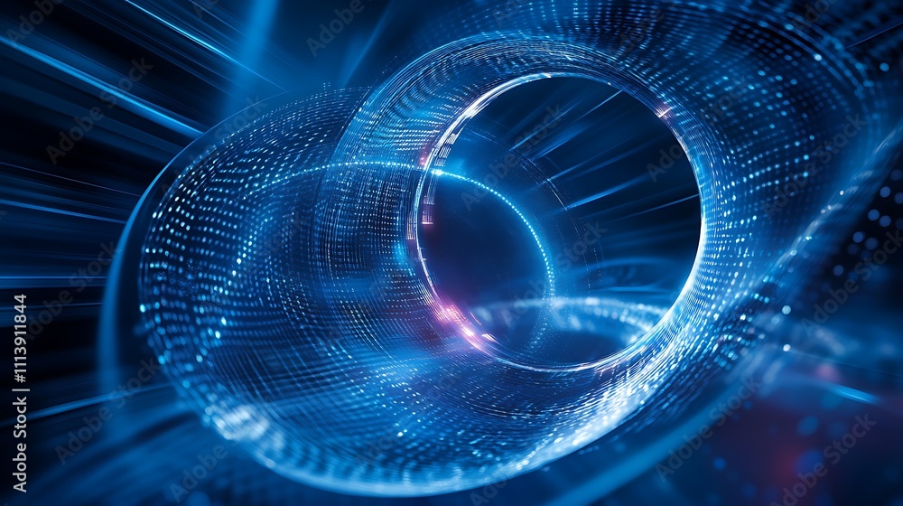 Poster abstract swirl of blue light glowing in dynamic motion with digital particles on a dark background