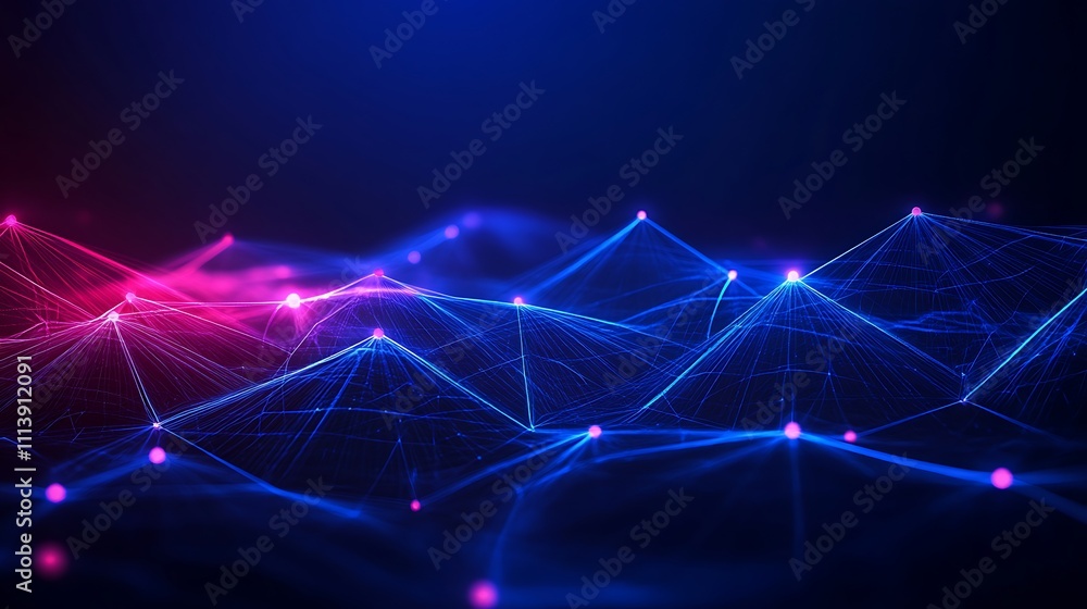 Poster abstract technology background with glowing lines and points in blue and pink colors for digital des
