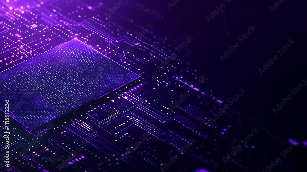 Poster abstract technology background with microchip circuit board in purple lighting for digital concept d