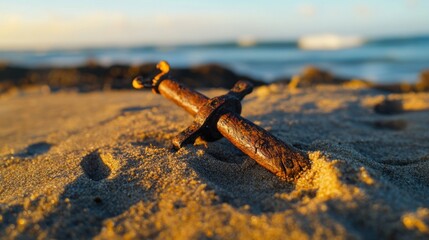 Ancient harpoon resting on sandy beach, partially buried with weathered wooden handle and rusted metal tip, evoking historical maritime heritage and archaeological significance
