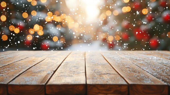 Rustic wooden table with blurred christmas tree and soft snowfall