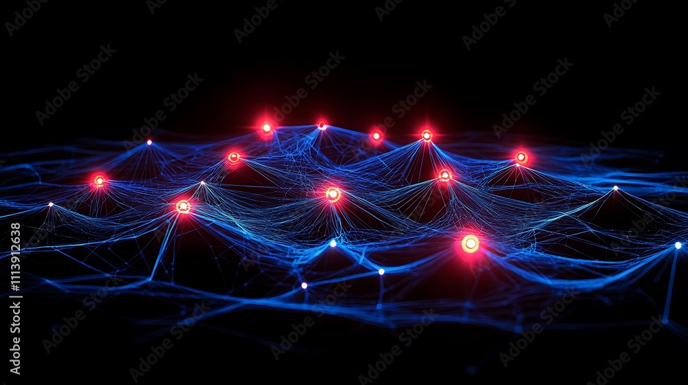 Poster abstract visualization of digital network connections with bright nodes and lines in dark background