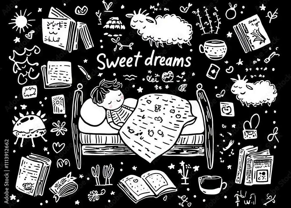 Wall mural A chalkboard scene showcases a doodle set focused on sleep, relaxation, and night dreams. The concept revolves around comfort during nighttime, illustrated with a hand-drawn moon, cat, star, and