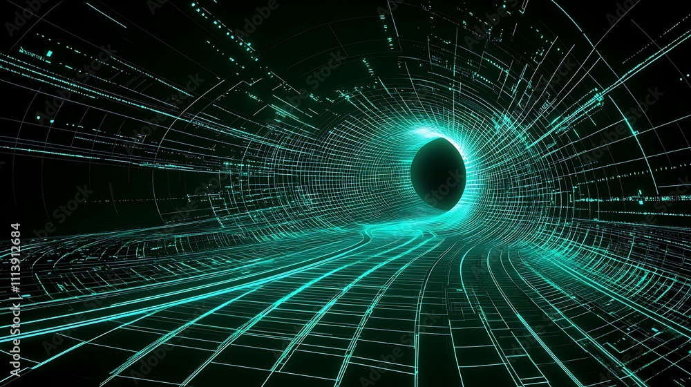 Aufkleber abstract visualization of digital tunnel with glowing lines and data streams on dark background