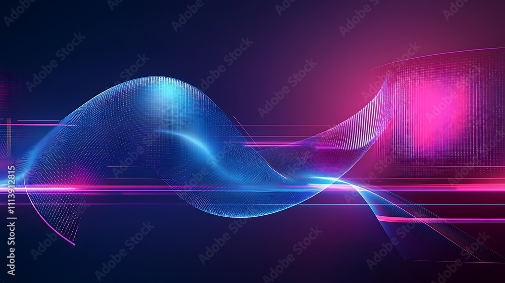 Poster abstract wave design with neon colors and flowing motion in a dark background for digital art and te