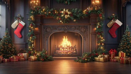 Festive Christmas Fireplace with Decorated Mantle and Gifts