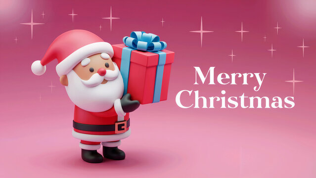 merry christmas taxt 
A 3D render of a cute Santa Claus holding a gift box in a pink background. Santa is wearing a red suit and white beard