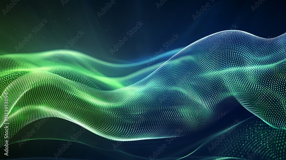 Poster abstract wave pattern in green and blue with dots, soft light, and fluid motion for background and d