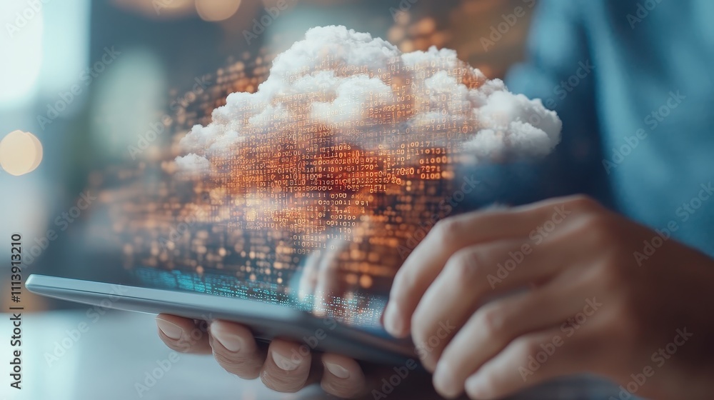 Poster close up of person using tablet with cloud data flow and digital information concept