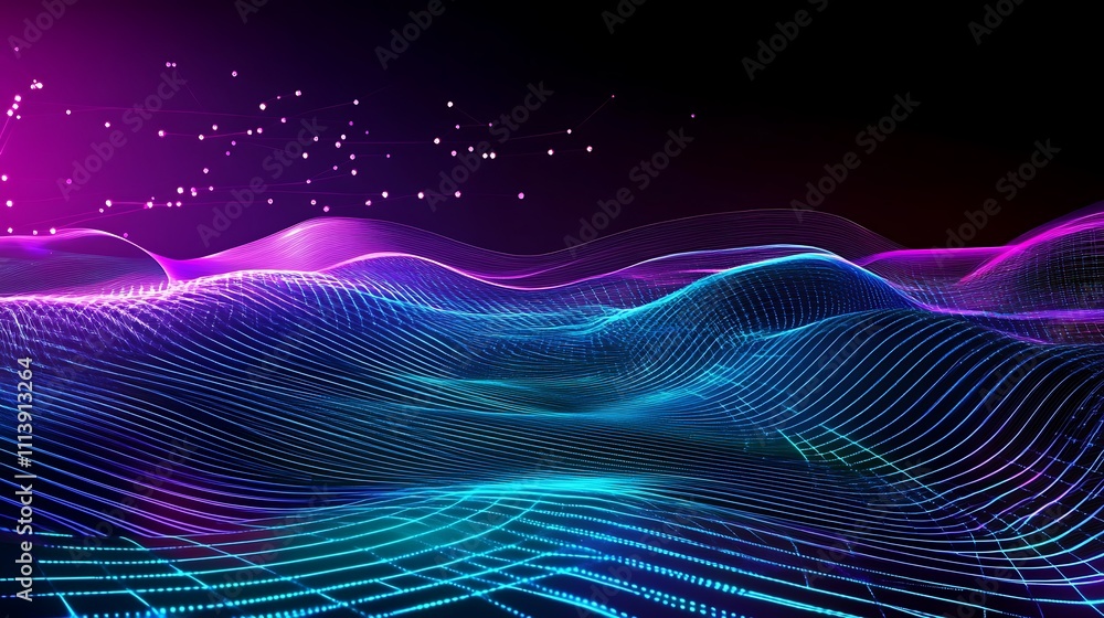 Poster abstract wave pattern with vibrant colors and lights creating a futuristic digital landscape