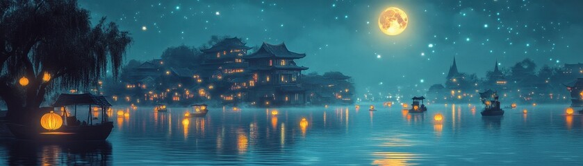Obraz premium Enchanting Moonlit Village on a Tranquil Lake