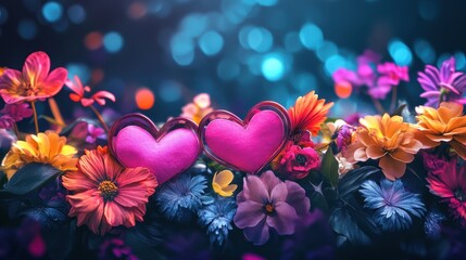 The Hearts Among Colorful Flowers