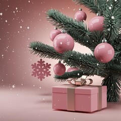 Colorful Christmas ornaments and snowflakes hanging from a decorated evergreen branch