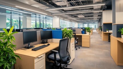 Modern office space with desks, computers, and plants for a productive work environment.