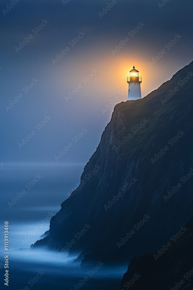 Poster serene coastal lighthouse illuminating cliffs at dusk - tranquil ocean view with soft waves and mist