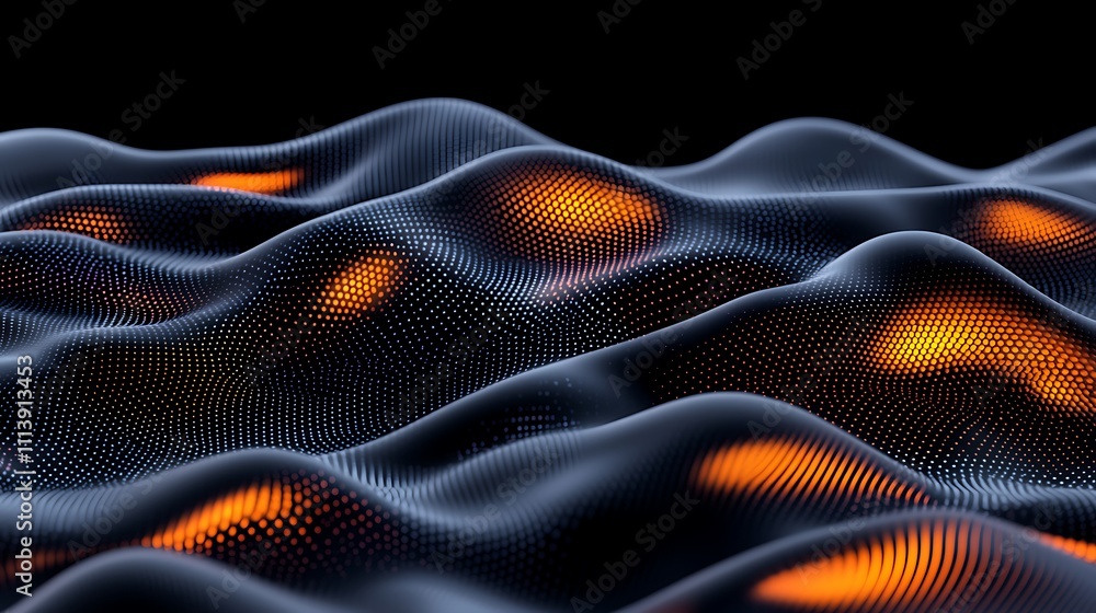 Poster abstract wave patterns of neon light on dark background with vibrant orange highlights and soft flui