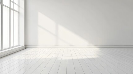 Fototapeta premium A bright, minimalistic interior space with large windows and wooden flooring.