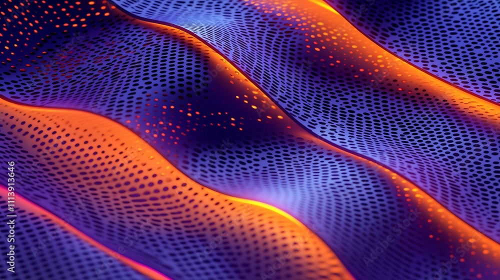 Poster abstract wave patterns with vibrant purple and orange colors in textile with mesh texture and depth