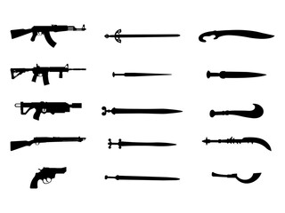 Set of Weapons Silhouette in various poses isolated on white background