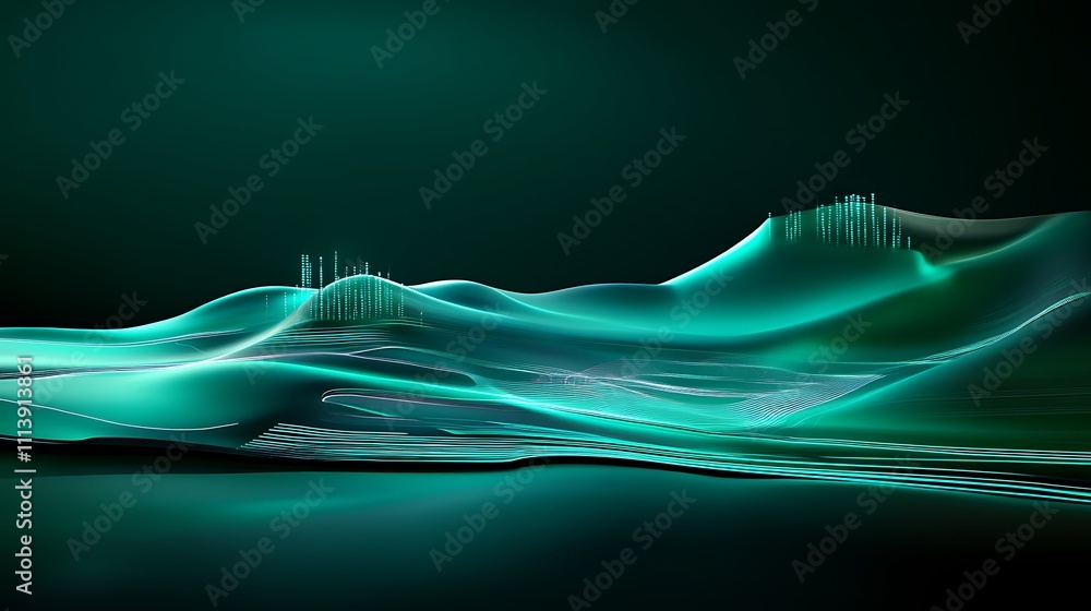 Poster abstract waves in green tones representing movement and fluidity in digital art and design