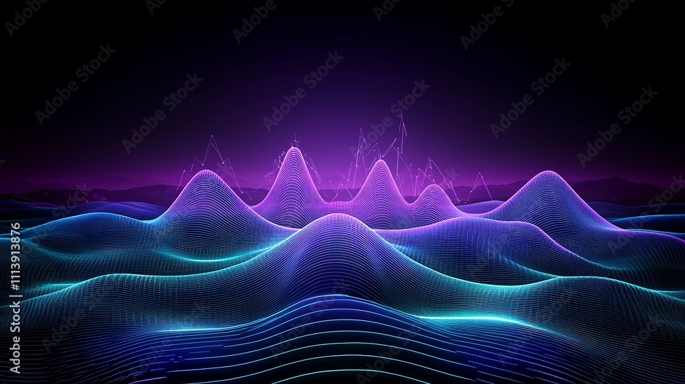 Poster abstract waveforms with neon colors and digital patterns in a futuristic landscape of technology and