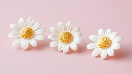 Chamomile flowers on pink surface with natural light highlights