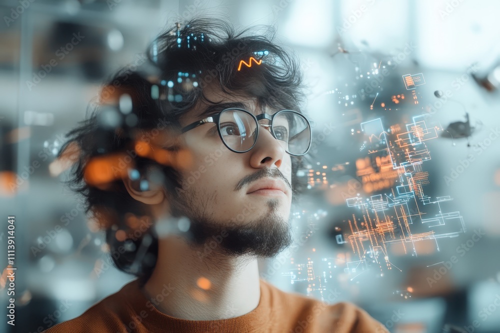Poster conceptual portrait of electrical engineer surrounded by digital visualizations and technical elemen