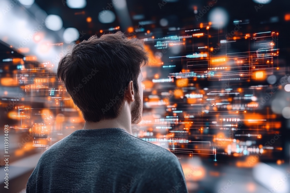 Poster conceptual vision of an electrical engineer surrounded by digital data streams in a futuristic envir