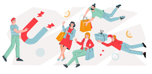 Customer acquisition, advertising SMM campaign for lead generation. Customer retention, conversion rate concept. Businessman with magnet attracting customers, flat vector illustration isolated.