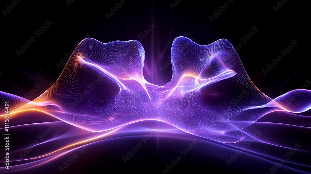 Poster abstract waves of light in purple and orange colors creating a stunning visual effect on a dark back