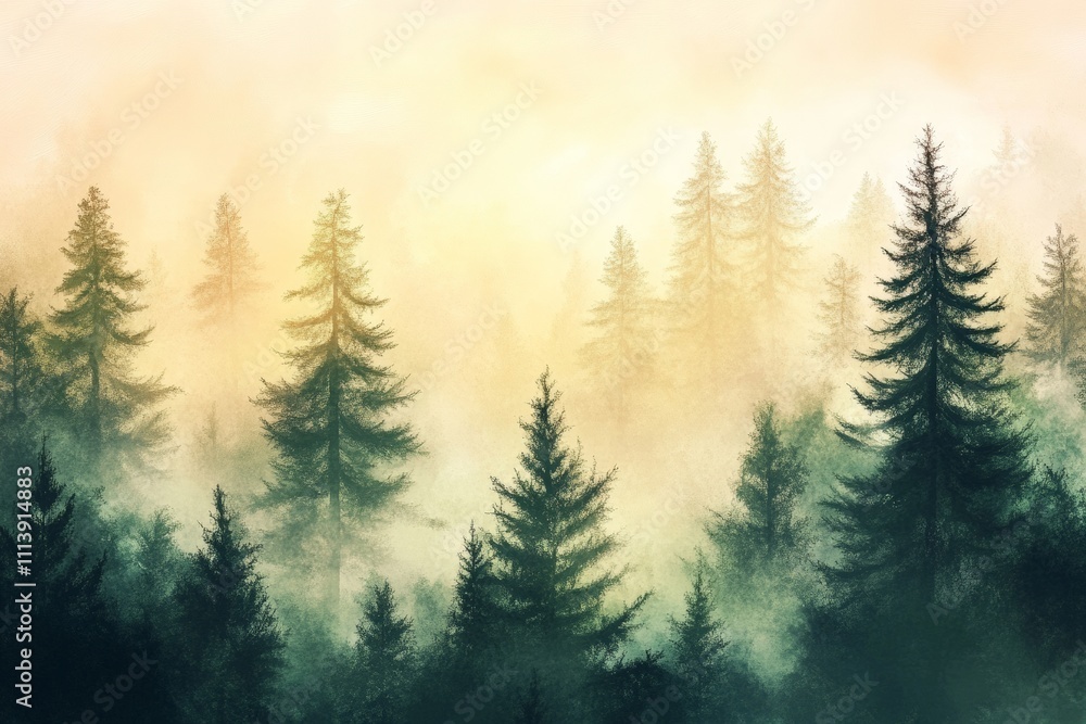 Poster serene misty forest landscape at dawn | tranquil pine trees in fog | nature scene for relaxation and