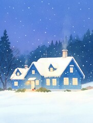 Fototapeta premium Snowy blue cottage in a forest clearing under a starry sky, ideal for Christmas cards, holiday designs, or seasonal prints