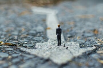 Miniature people  Businessman standing with arrow pathway choice using as Business decision concept.