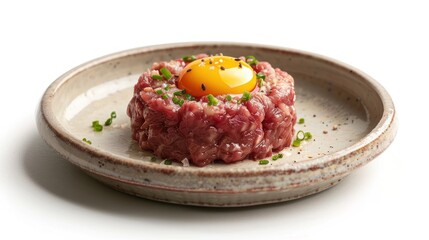 A plate featuring raw ground meat topped with a raw egg yolk and garnished with chives.