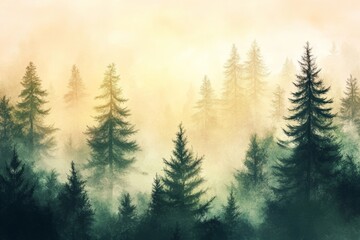 Obraz premium Serene Misty Forest Landscape at Dawn | Tranquil Pine Trees in Fog | Nature Scene for Relaxation and Background Usage
