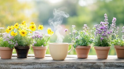 Minimalist outdoor herbal tea setup with wildflowers and herbs