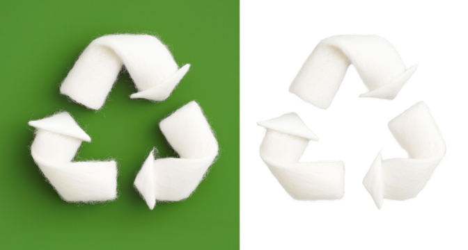 white cotton recycle symbol on white background, creative eco recycling icon cutout png - Powered by Adobe